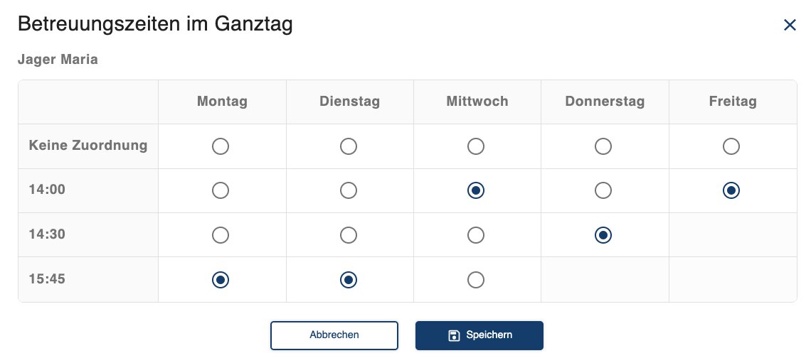 Screenshot: Individuelle Betreuungszeiten in der IServ-Ganztagsübersicht einpflegen